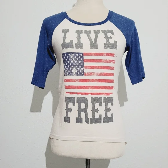 Hybrid Apparel Raglan 3/4 Sleeve T-shirt 100% Cotton LIVE FREE FLAG Women Size S - Picture 2 of 9